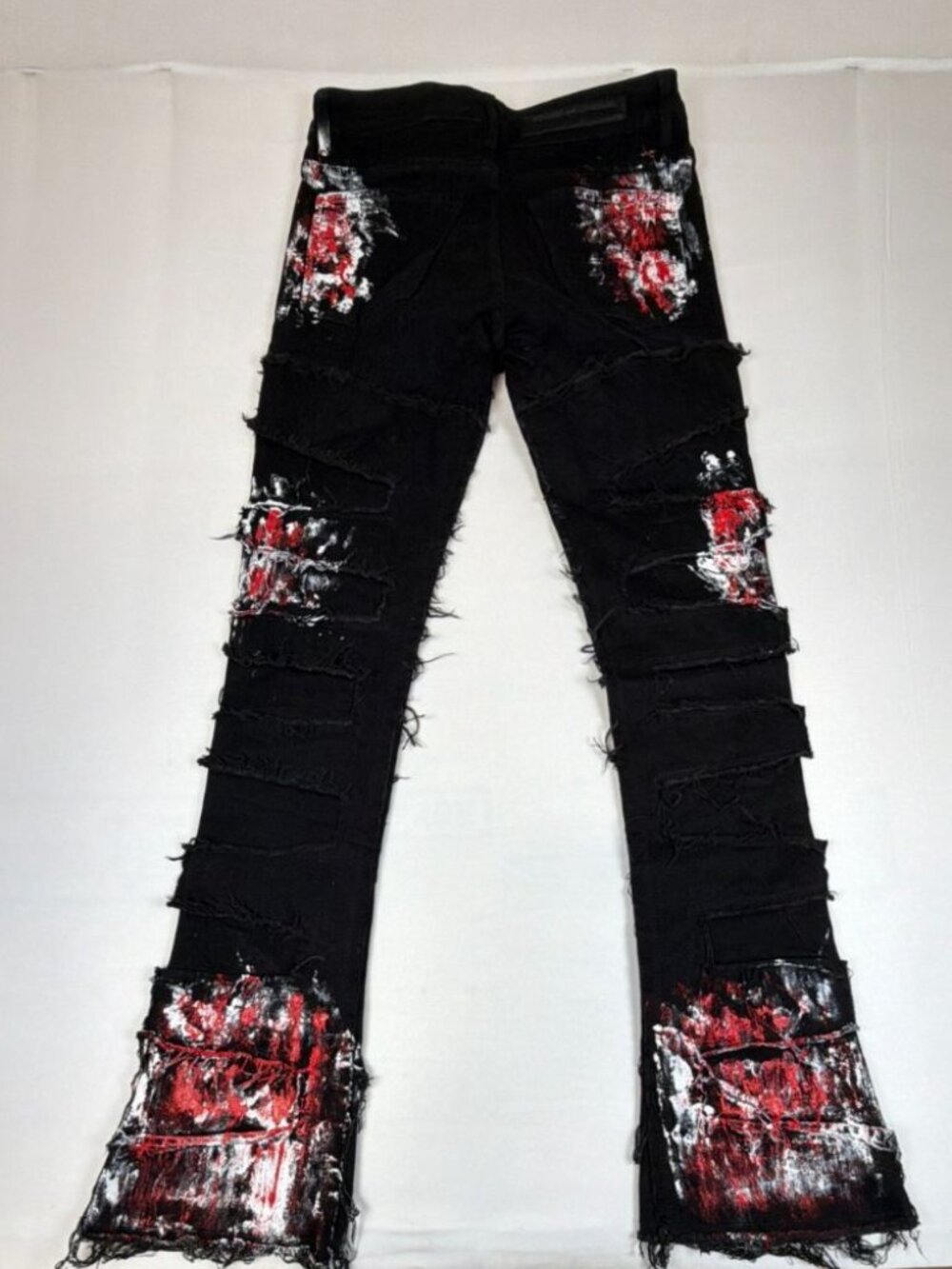 Rockstar Original Men's Black Red Painted Stacked Flare Fringe Jeans Size 34 - Picture 2 of 9
